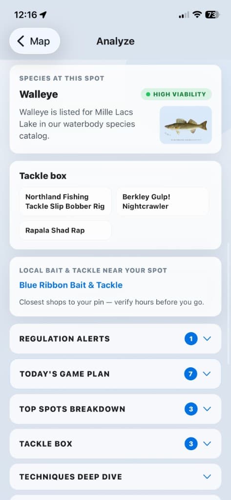 MyFishNavigator trip briefing on iPhone: species viability, tackle, and local intel